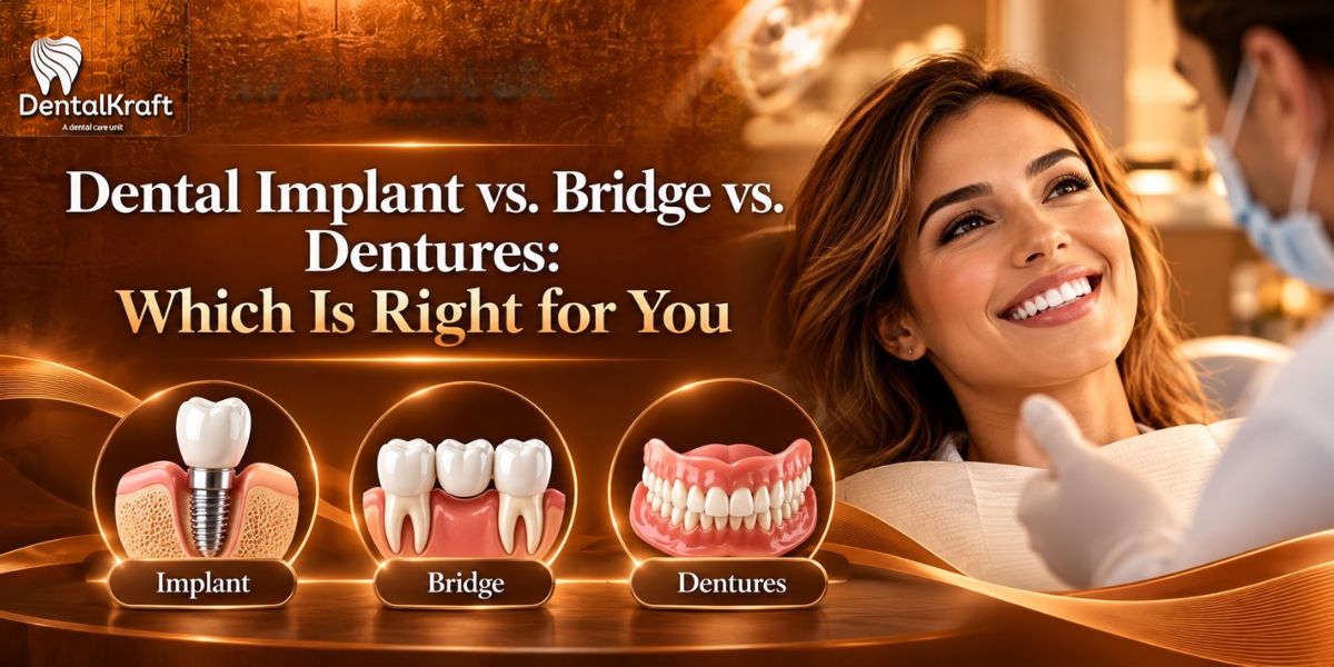 Dental Implant vs Bridge vs Dentures A comparison of tooth replacement options featuring dental implant, dental bridge, and dentures at Dental Kraft.