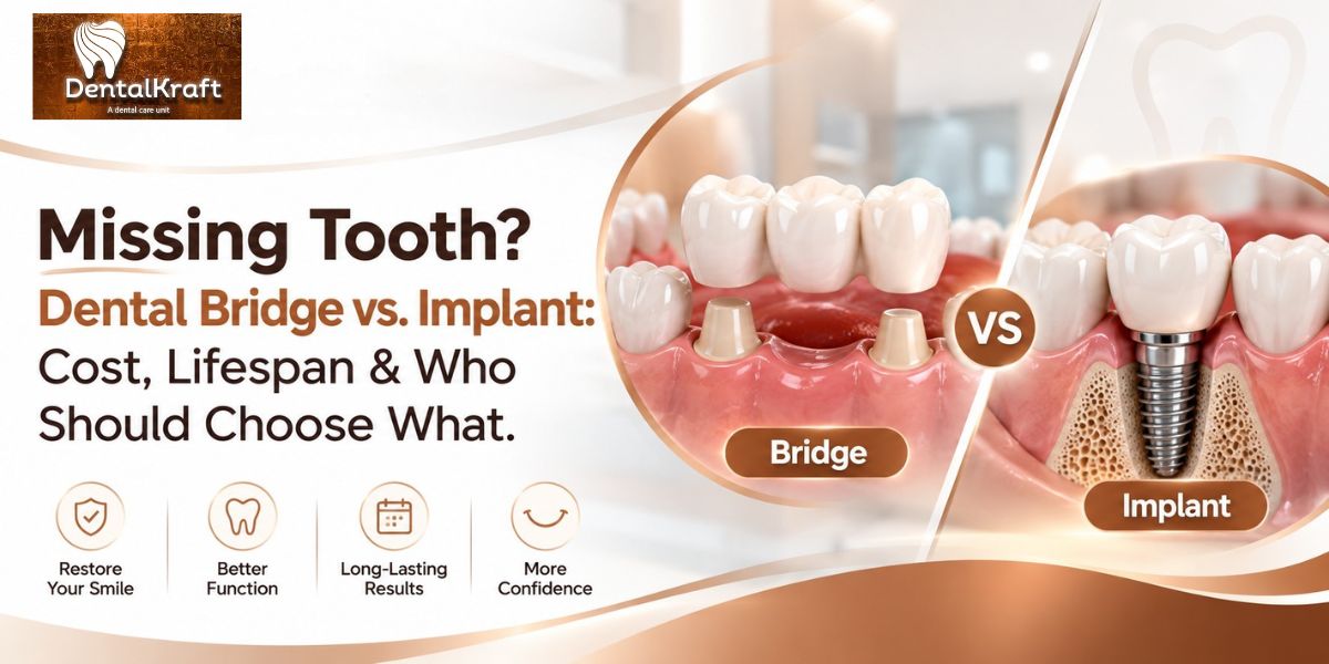 Dental bridge vs implant comparison for missing tooth replacement by DentalKraft